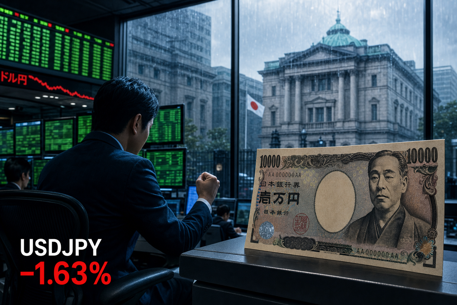 Banknot jenowy przed gmachem Banku Japonii, obok opadająca linia kursu dolara do jena