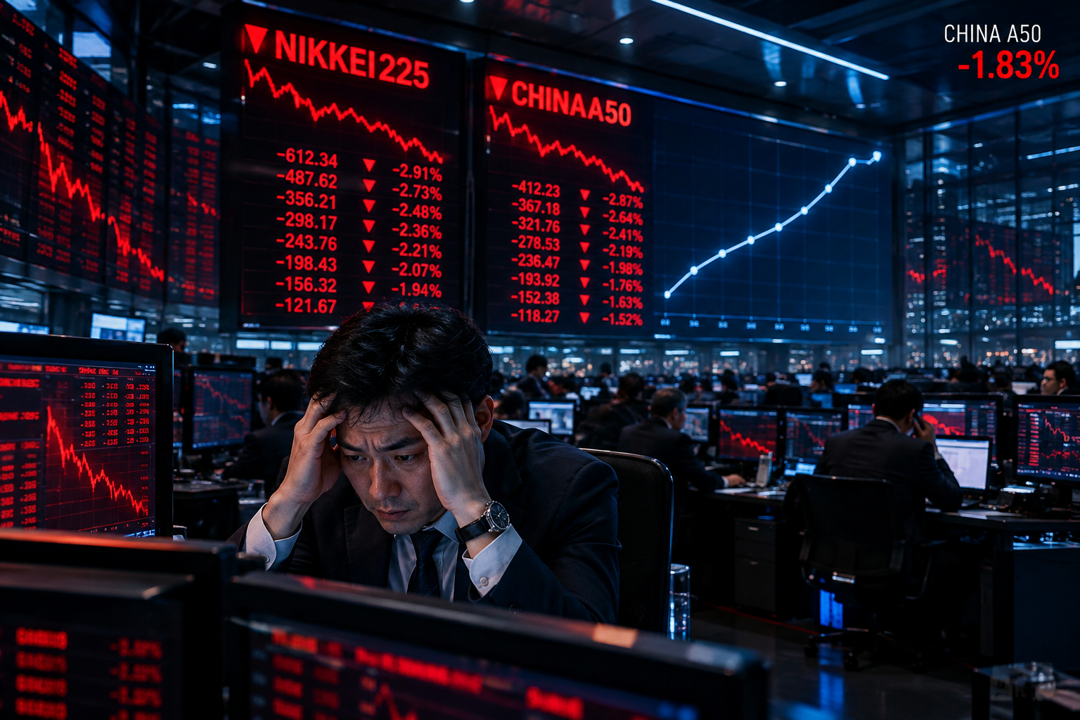 Tablica notowań z indeksami Nikkei i China A50 na czerwono, na tle wykresu rosnącego oprocentowania obligacji